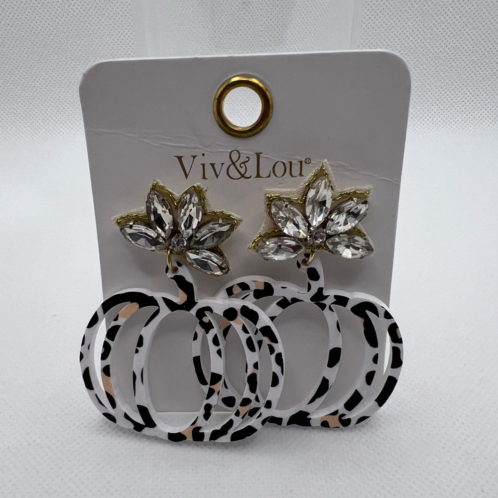 Viv & Lou animal print pumpkin and crystal earrings.